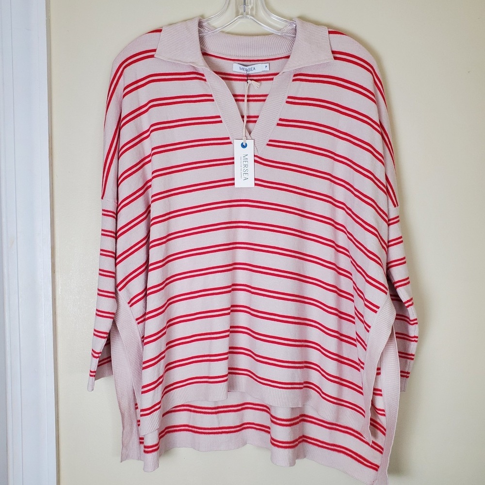 NWT Mersea Anywhere‎ Polo Sweater Women's P Petite Oversized Beige Red Stripes